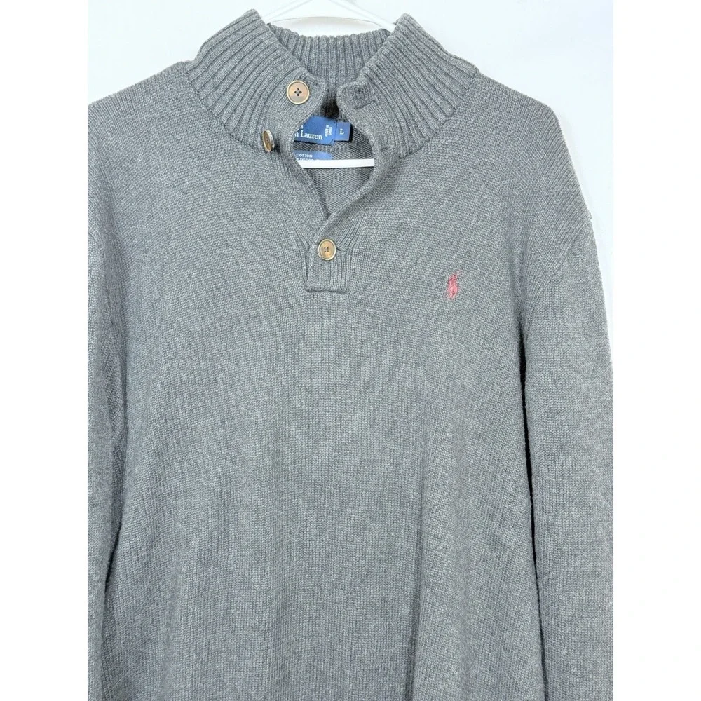 Vintage Polo Ralph Lauren‎ Sweater Mens Large Gray Cotton Shawl Collar Mock Neck